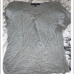 One Love Clothing Gray Ribbed Lace Up Top